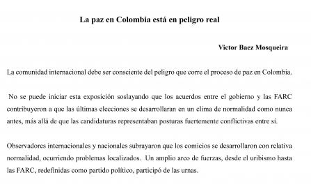 Articulo de La paz en Colombia por Victor Baez Mosqueira Secretario General de CSA