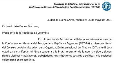 Carta de Gerardo Martínez Secretario de Relaciones Internacionales de CGT RA, dirigida al Presidente de Colombia, Ivan Duque.