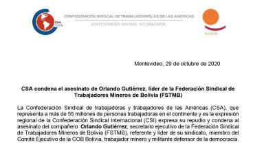 CSA Condena Asesinato del compañero Orlando Gutiérrez, (FSTMB), Bolivia