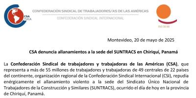 CSA denuncia allanamientos a SUNTRACS