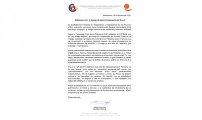 CSA expresó su apoyo a la Huelga de las/os Petroleras/os de Brasil.