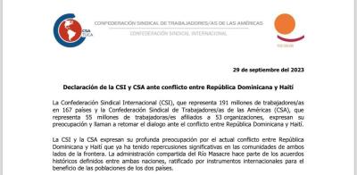 Declaración de la CSI y CSA ante conflicto entre República Dominicana y Haití