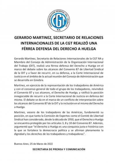 GERARDO MARTINEZ, SECRETARIO DE RELACIONES INTERNACIONALES DE LA CGT RA REALIZÓ UNA FÉRREA DEFENSA DEL DERECHO A HUELGA