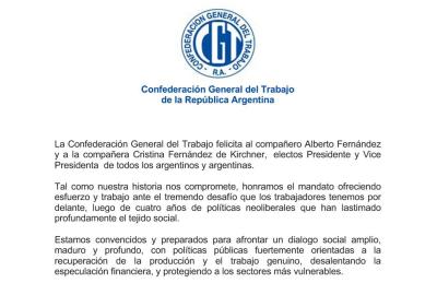 La Confederación General del Trabajo felicita al compañero Alberto Fernández y a la compañera Cristina Fernández de Kirchner, electos Presidente y Vice Presidenta de todos los argentinos y argentinas.