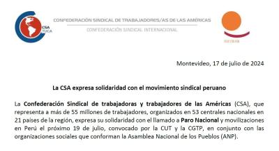 La CSA expresa solidaridad con el movimiento sindical peruano