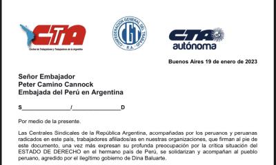 Las centrales sindicales argentinas expresaron su apoyo al Paro Nacional Cívico y Popular en Perú
