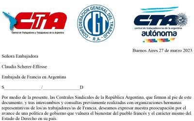 Las centrales sindicales argentinas se solidarizan con el justo reclamo del pueblo francés.