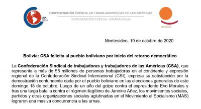 Mensaje del Secretario General de la CSA Rafael Freire por el triunfo electoral en el hermano país de Bolivia