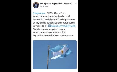 Relatores especiales del Consejo de Derechos Humanos de ONU recomiendan al gobierno argentino la revisión del "Protocolo antipiquetes" y el articulado de la "Ley Omnibus" sobre el derecho a la protesta