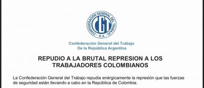 REPUDIO A LA BRUTAL REPRESION A LOS  TRABAJADORES COLOMBIANOS
