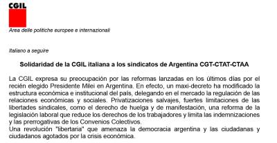 Solidaridad de la CGIL italiana a los sindicatos de Argentina CGT-CTAT-CTAA