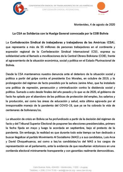 La CSA apoya la Huelga General convocada por la COB Bolivia.