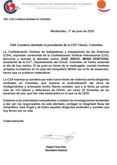 La CSA condena atentado contra dirigente de la CUT Colombia- Apoyo de las Centrales Afiliadas
