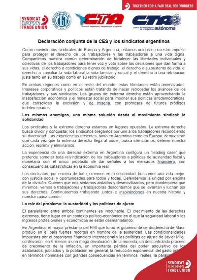 Declaración conjunta de la CES y los sindicatos argentinos