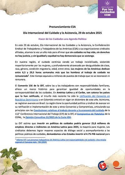 Pronunciamiento CSA - Día Internacional del Cuidado y la Asistencia, 29 de octubre 2025