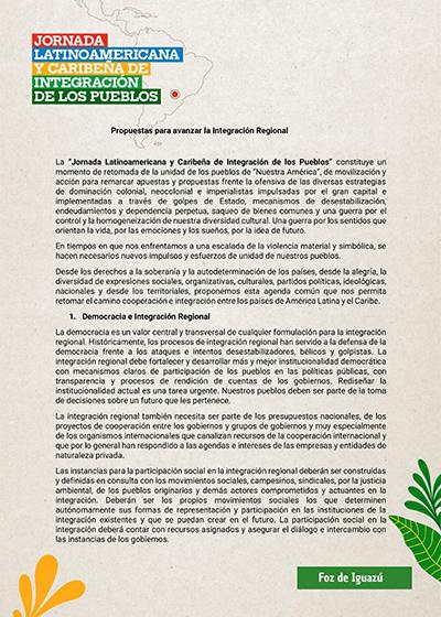 Jornada Latinoamericana y Caribeña de Integración de los Pueblos. Propuesta para avanzar la Integración Regional.