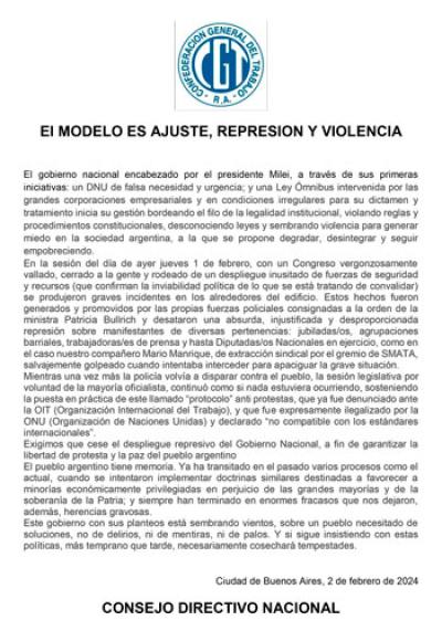 El MODELO ES AJUSTE, REPRESION Y VIOLENCIA
