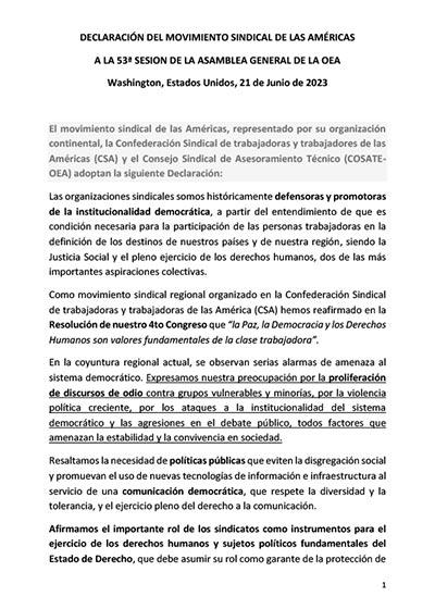 Declaración COSATE CSA - 53 SESIÓN DE LA ASAMBLEA GENERAL DE LA OEA - JUNIO 2023