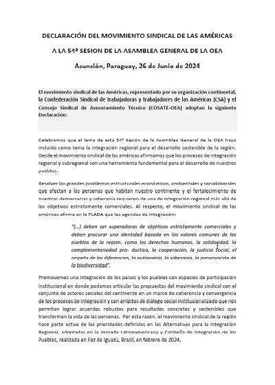 DECLARACIÓN DEL MOVIMIENTO SINDICAL DE LAS AMÉRICAS Asamblea OEA Asunción Paraguay