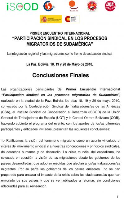 Primer Encuentro Internacional "Participación Sindical en los Procesos Migratorios de Sudamérica"