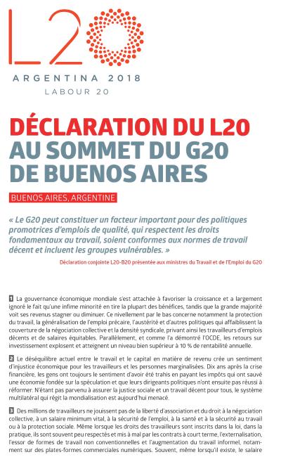 DÉCLARATION DU L20 AU SOMMET DU G20 DE BUENOS AIRES