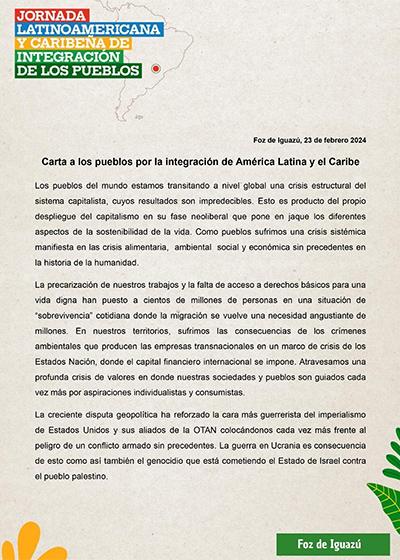 Jornada Latinoamericana y Caribeña de Integración de los Pueblos. Carta a los pueblos por la integración de América Latina y el Caribe