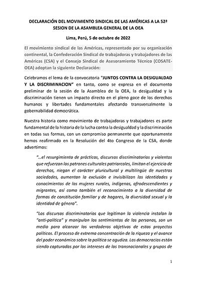 DECLARACIÓN DEL MOVIMIENTO SINDICAL DE LAS AMÉRICAS A LA 52 SESION DE LA ASAMBLEA GENERAL DE LA OEA